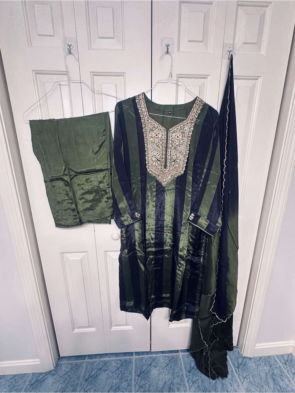 Green and black stripes Embroidered Salwar Kameez Set 23”